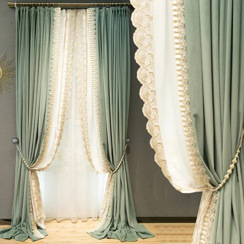 Luxury Turquoise Velvet Embroidered French Window Curtains Romantic Lace