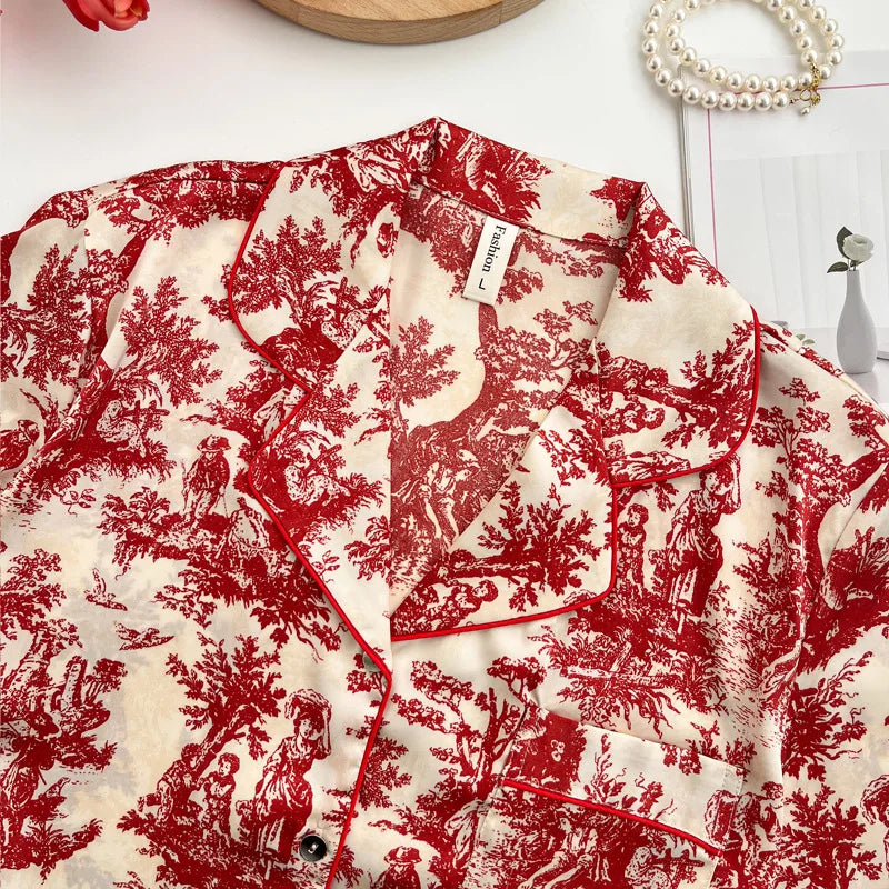 Red Sexy Pajamas Set Lapel Shirt & Pants for Lady Summer Spring 2Pcs Nightwear
