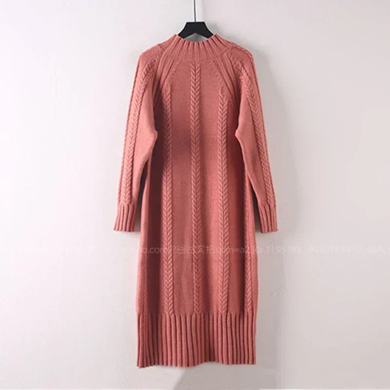 Women Winter Thicken Plus Velvet Sweater Dress Mock Neck Rib Knit Midi With Coats