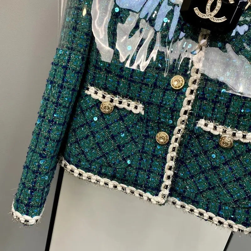 Women Elegant Winter Tweed Fragrant Suit Jacket Coat Top & Skirt Two Piece Set