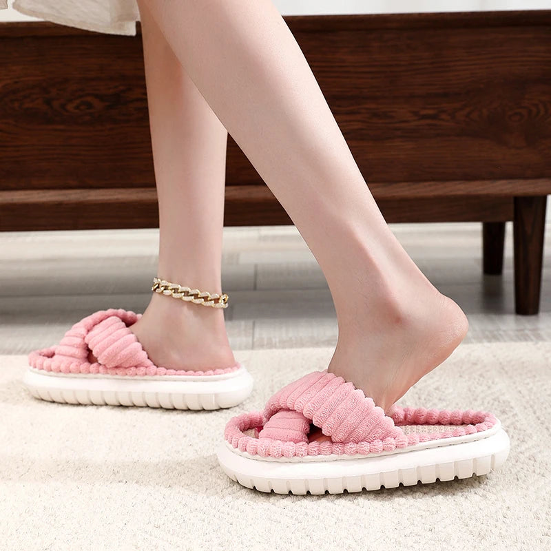 Winter Women Slippers Open-Toe Cross Band Linen Soled Indoor Non-Slip