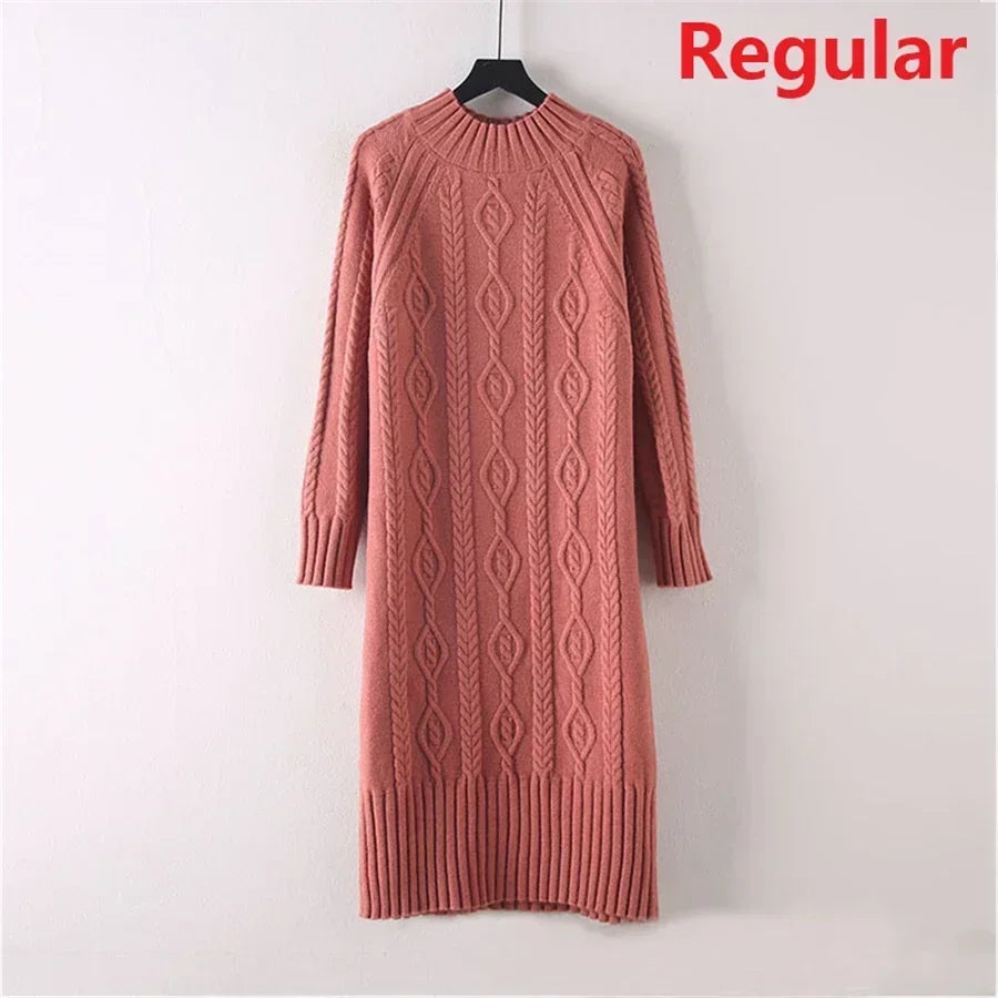 Women Winter Thicken Plus Velvet Sweater Dress Mock Neck Rib Knit Midi With Coats