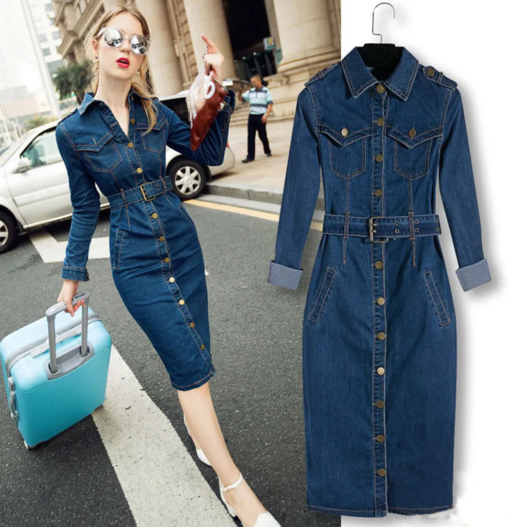 Women Long Sleeve Denim Dress Mid-Cuff Slim Wrap Hip Jean