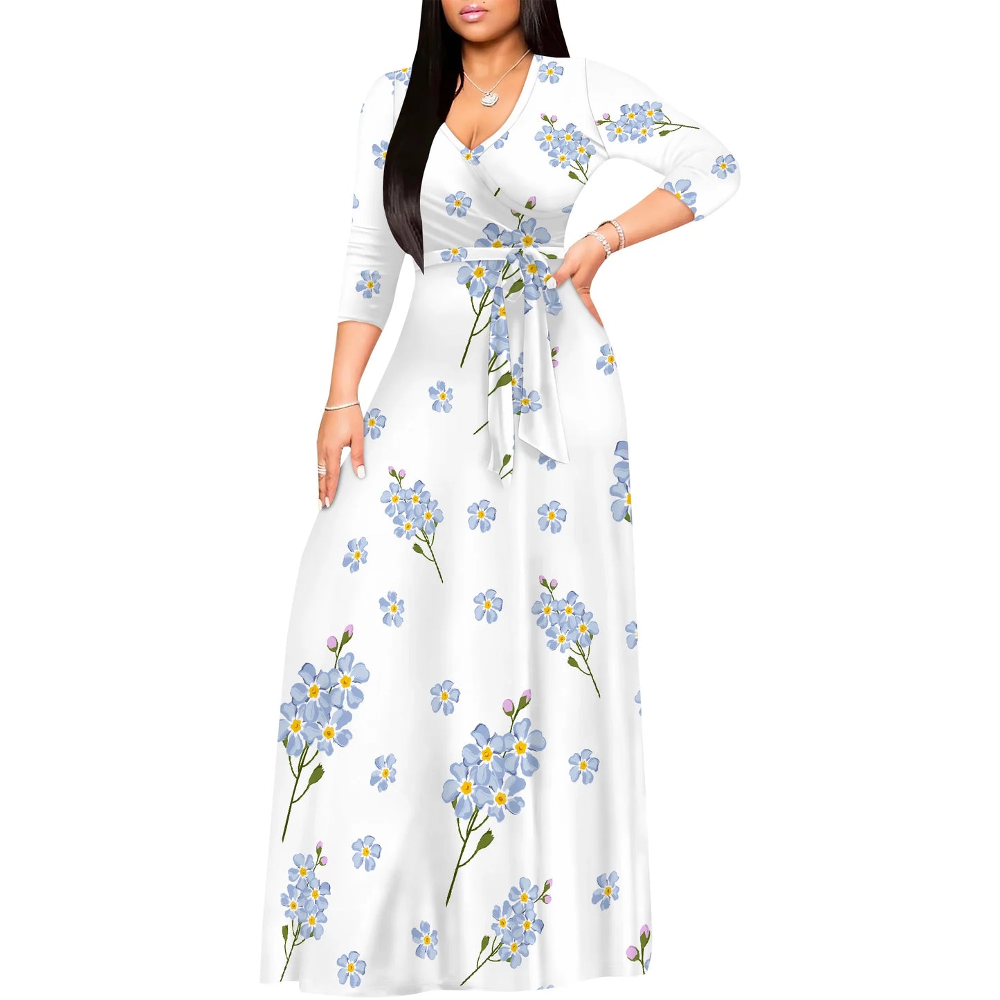Romantic Floral Rose V-Neck 3/4 Sleeve Wrap Maxi Dress with Belt