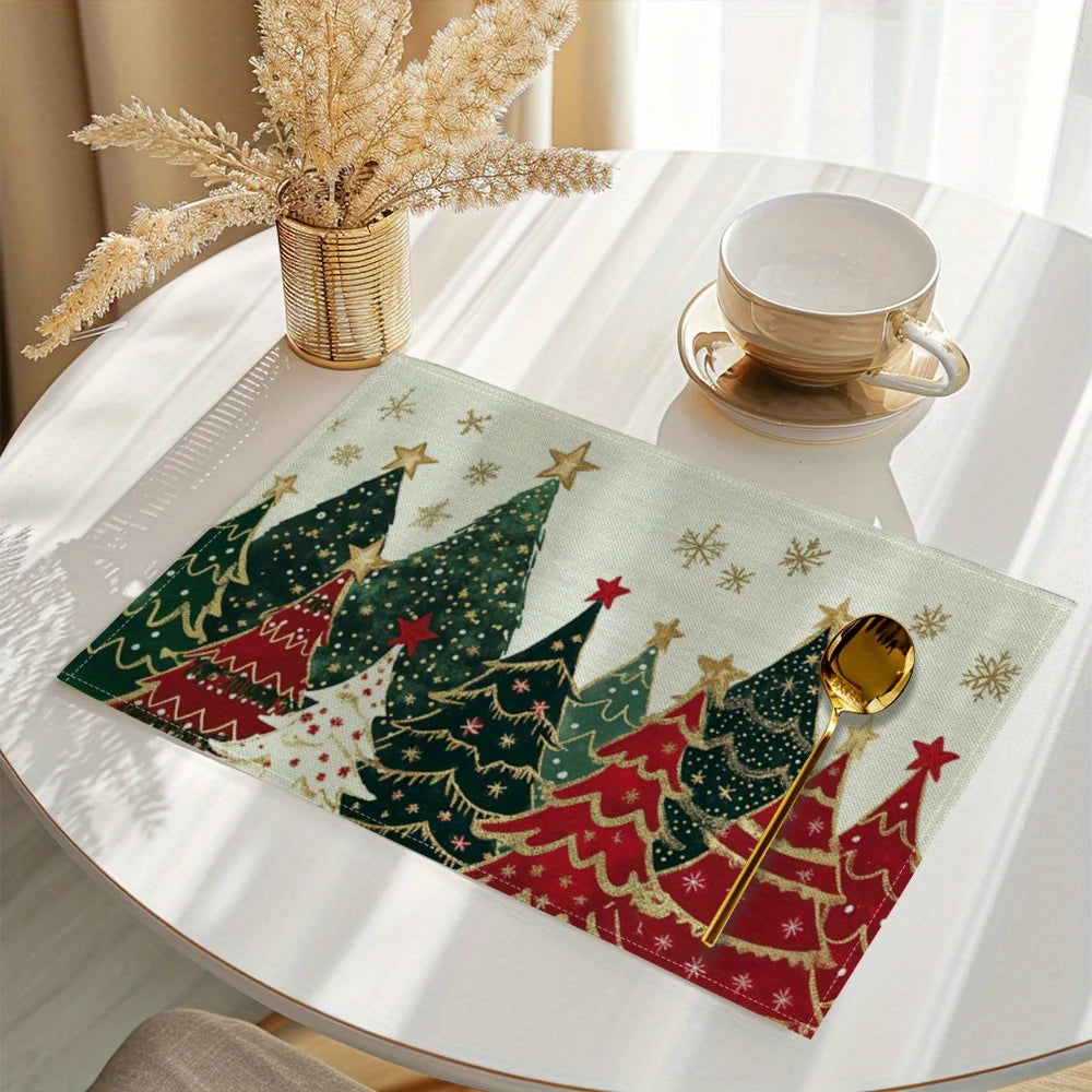 4/6/8/10Pcs Christmas Tree Printed Placemats, Washable Kitchen Table Mats, Christmas Decorative Placemats