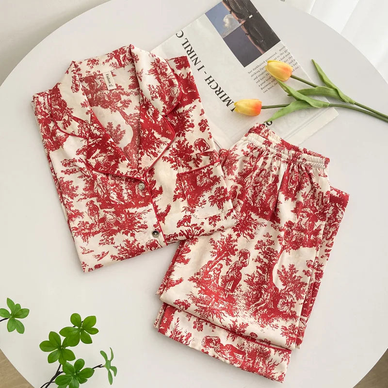 Red Sexy Pajamas Set Lapel Shirt & Pants for Lady Summer Spring 2Pcs Nightwear