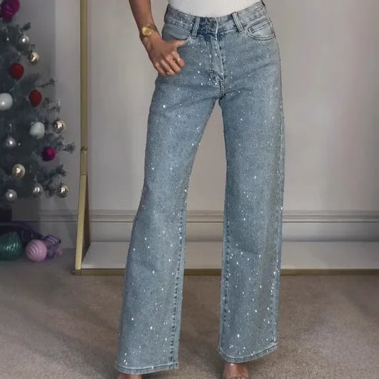 Women Diamonds Straight Jean Denim Trouser Pants Stretch High Waist