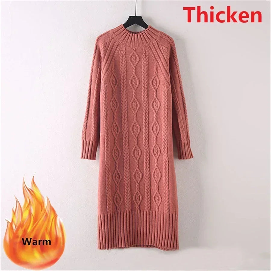 Women Winter Thicken Plus Velvet Sweater Dress Mock Neck Rib Knit Midi With Coats