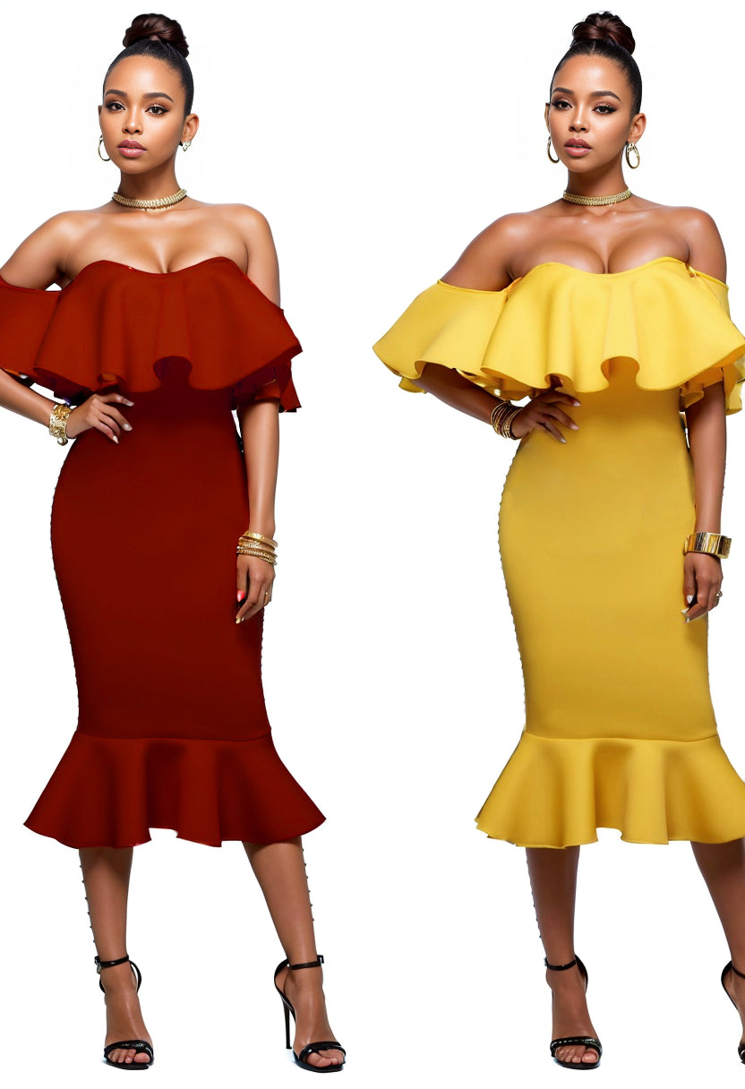 Women's Off Shoulder Lotus Leaf Dress