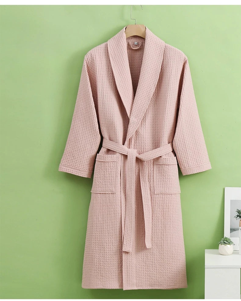 Solid Color Cotton Spring and Autumn Waffle Couples Mid-long Yukata Bathrobe Homestay Hotel Couple Soft Bathrobes