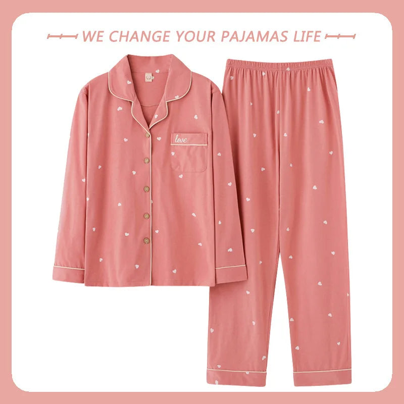 High Quality Large Size Women Cotton Pajamas Button down Tops and Trousers Set Sleepwear Homewear