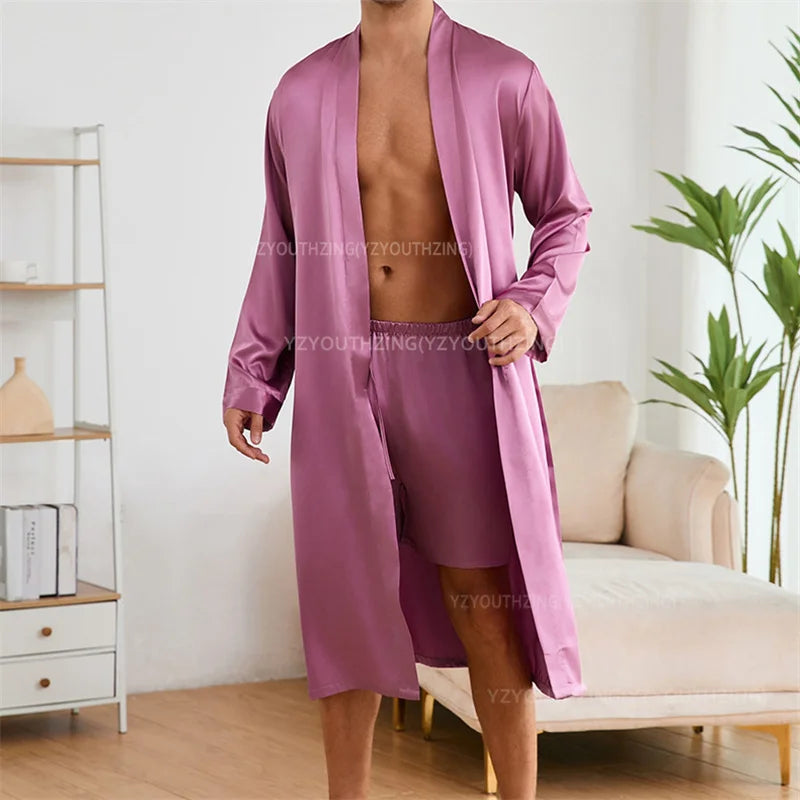 Solid Color Sleep Wear Set Men Silky Nightwear Kimono