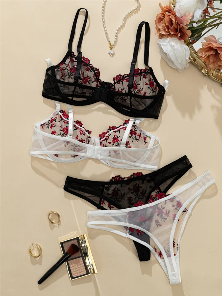 2 Sets Romantic Floral Embroidery Women Lingerie