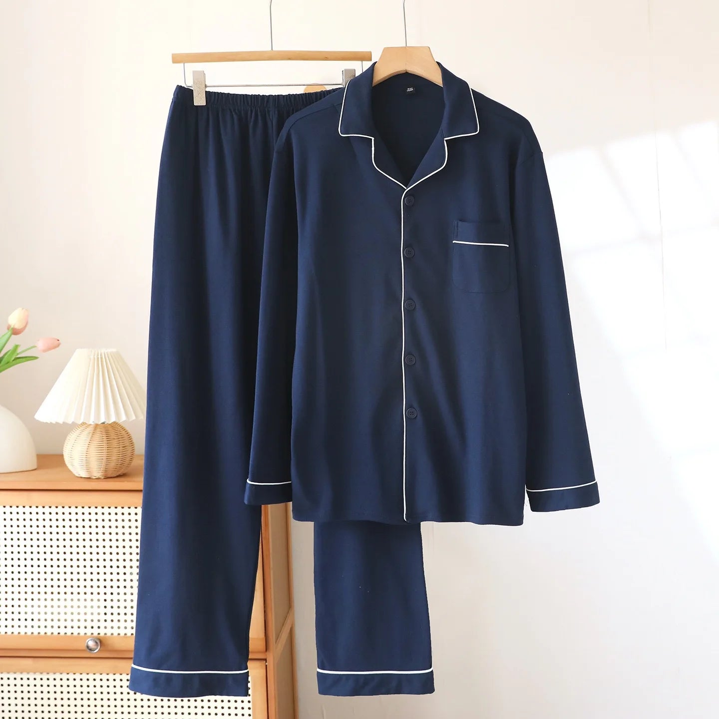 100% Cotton Men Pajamas, Thick sleepwear Long sleeved long pants Nightwear Loungewear