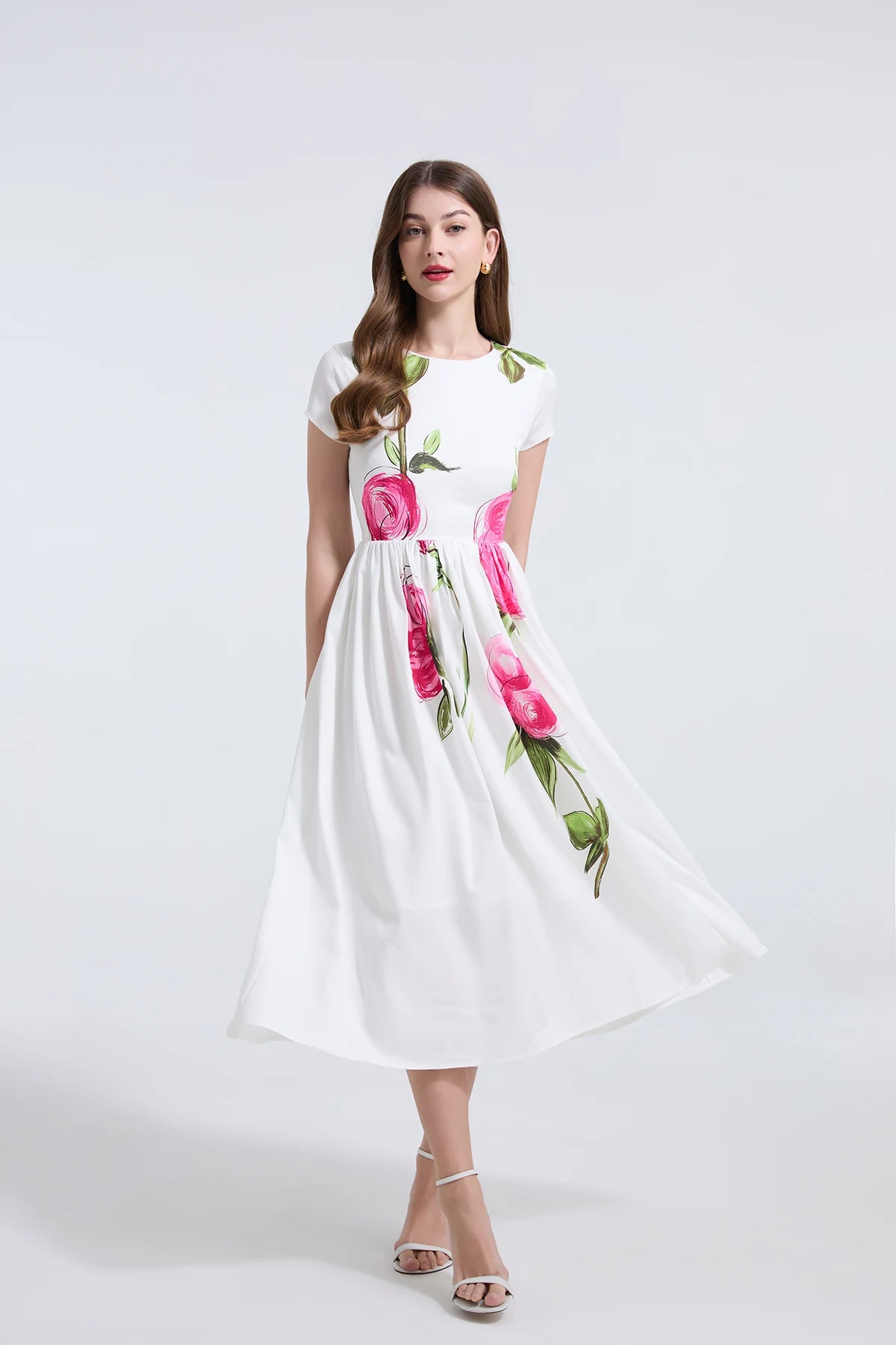 Summer French Women's Retro Pink Flower Waist Cinching Slimming Big Swing Dress Elegant Anti-aging Short Sleeved Skirt