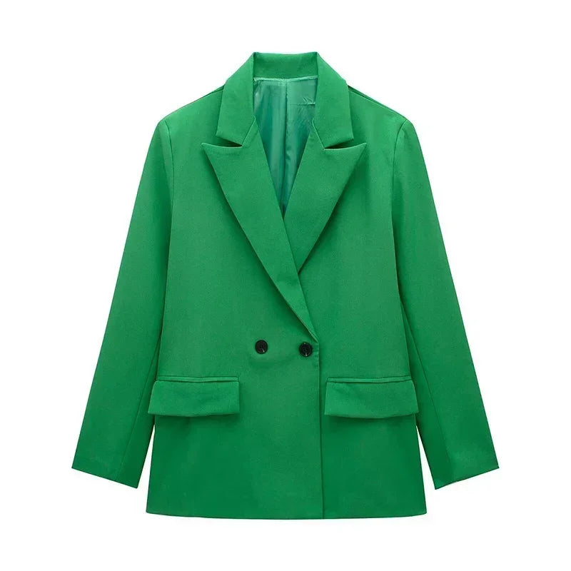 Willshela Women Fashion With Pockets Solid Double Breasted Blazer Vintage Long Sleeves Notched Neck Female Office Lady Outfits