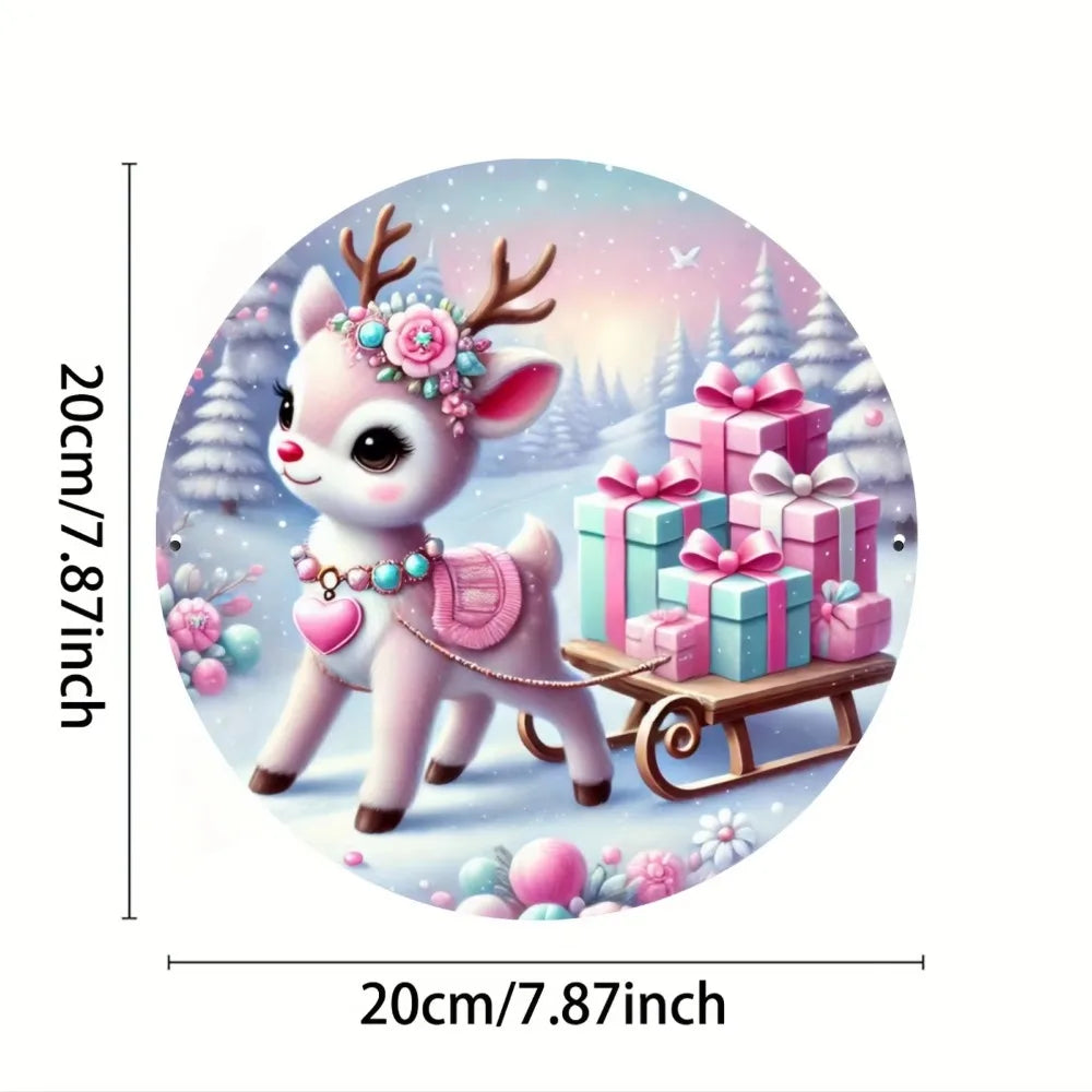 Vintage Pink Christmas Round Sign Foil Engraved Wall Art with Festive Deer, Sleigh & Holiday Gifts Design