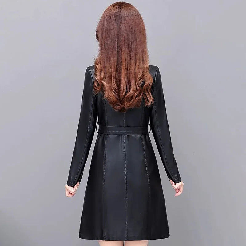 Autumn Winter Women's Chic Leather Jacket Mid-Length Slim Korean Sheepskin