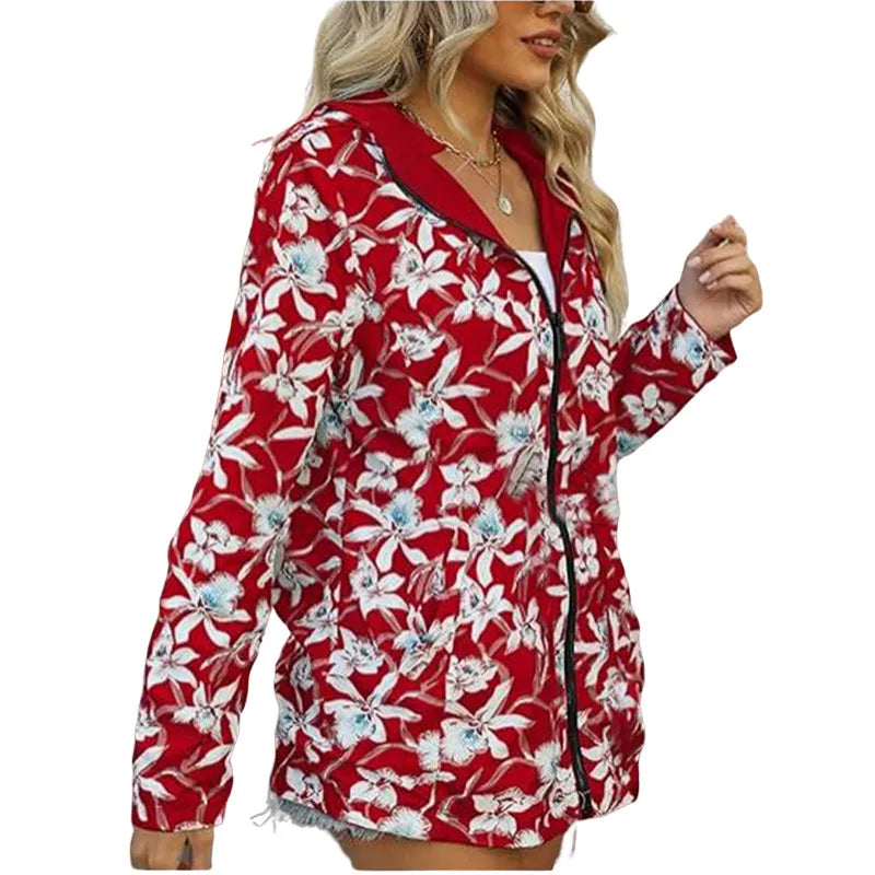 Women's Autumn Hooded Reversible Printed Jacket Casual Coat with Pockets S-2XL