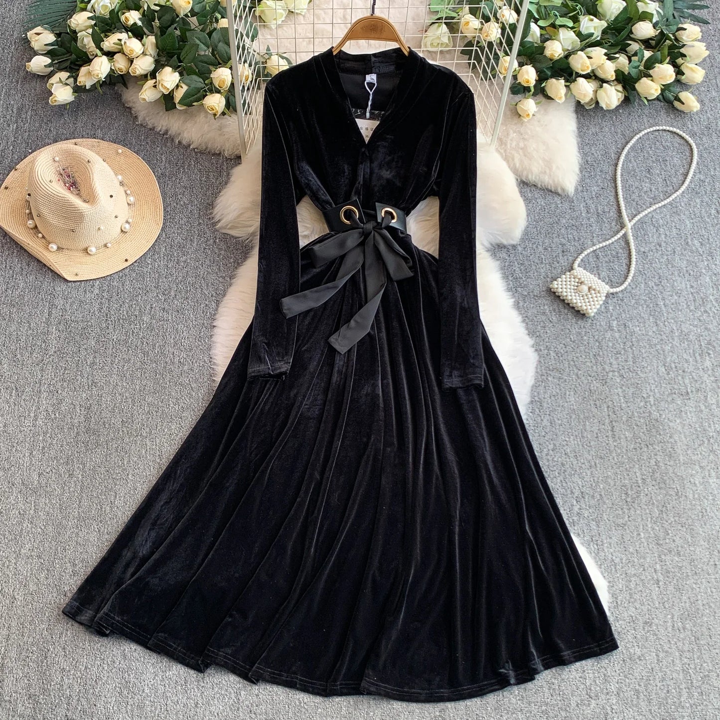 Women Winter Elegant Velvet Dress Evening Party Long Dress