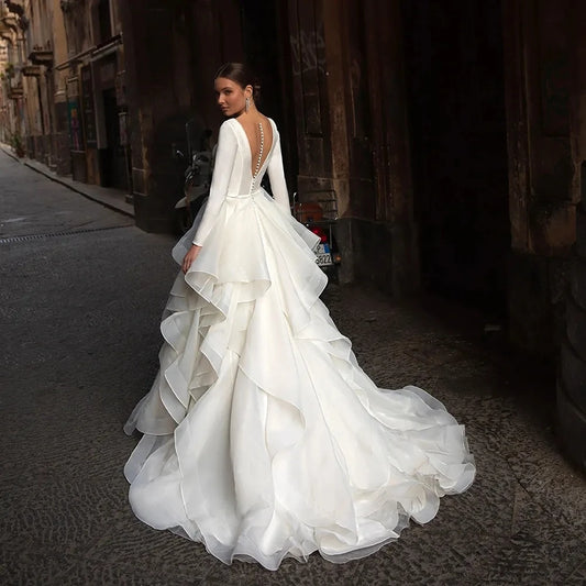 Gorgeous V-Neck Backless Long Sleeves Wedding Dresses Gown Luxury Pleat