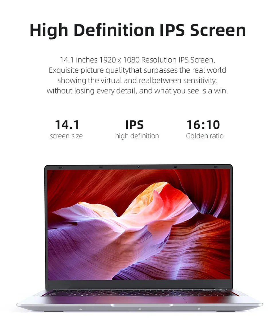 14.1 Inch FHD Ultra Thin Laptop Intel N3700/4405U Win11 DDR4 16GB/32GB RAM 2TB SSD Portable Business Office Notebook PC