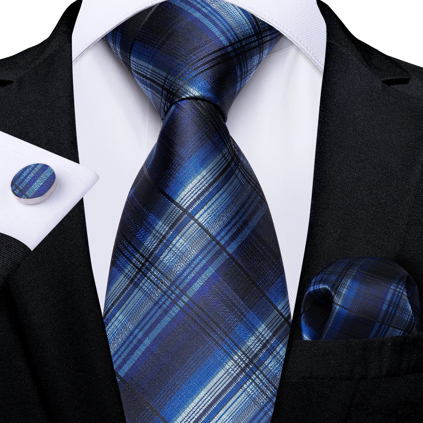 New Classic 100% Silk Men's Ties 8cm Blue Plaid Dot Striped Business Necktie Handkerchief Wedding Party Tie Set