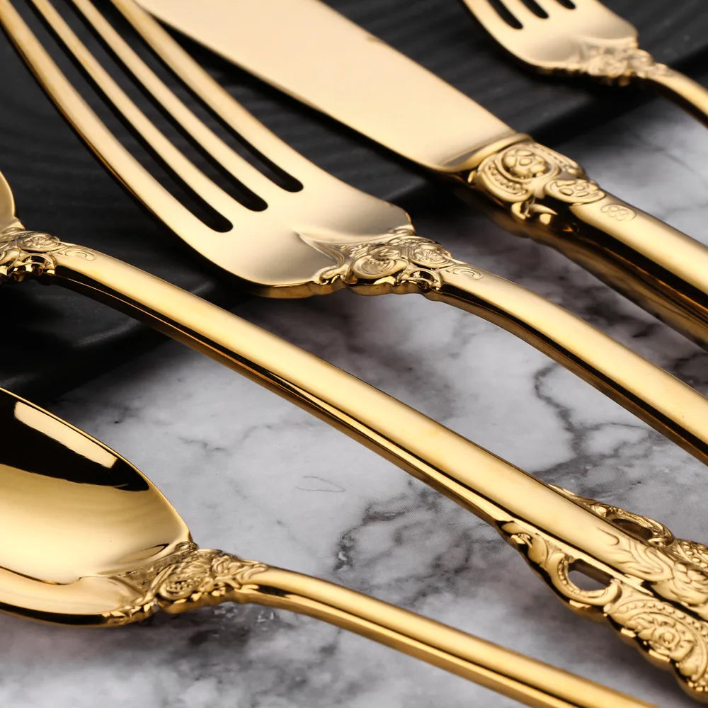 Stainless Steel Silver Flatware Set, Vintage Cutlery, Hollow Handle, Silverware for Wedding, Baroque, 18/10, Glossy Gold