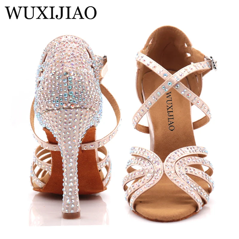 Ballroom Diamond Latin Dance Soft Sole Shoes Silver Bronze Skin color