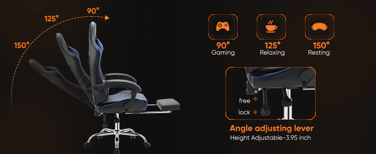 Ergonomic Racing Gaming Chair Adjustable Swivel PU Leather with Headrest and Lumbar Support