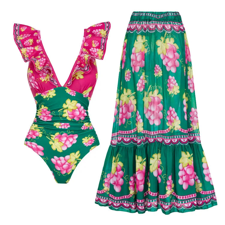 Swimwear 2PC Cover-up Swimsuit Ruffle Printed Deep V One-piece Kimono Bikini Suit