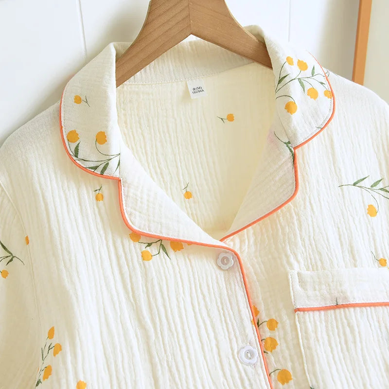 Summer women's cotton crepe three-piece short sleeve + shorts + trousers large size simple flower pajamas