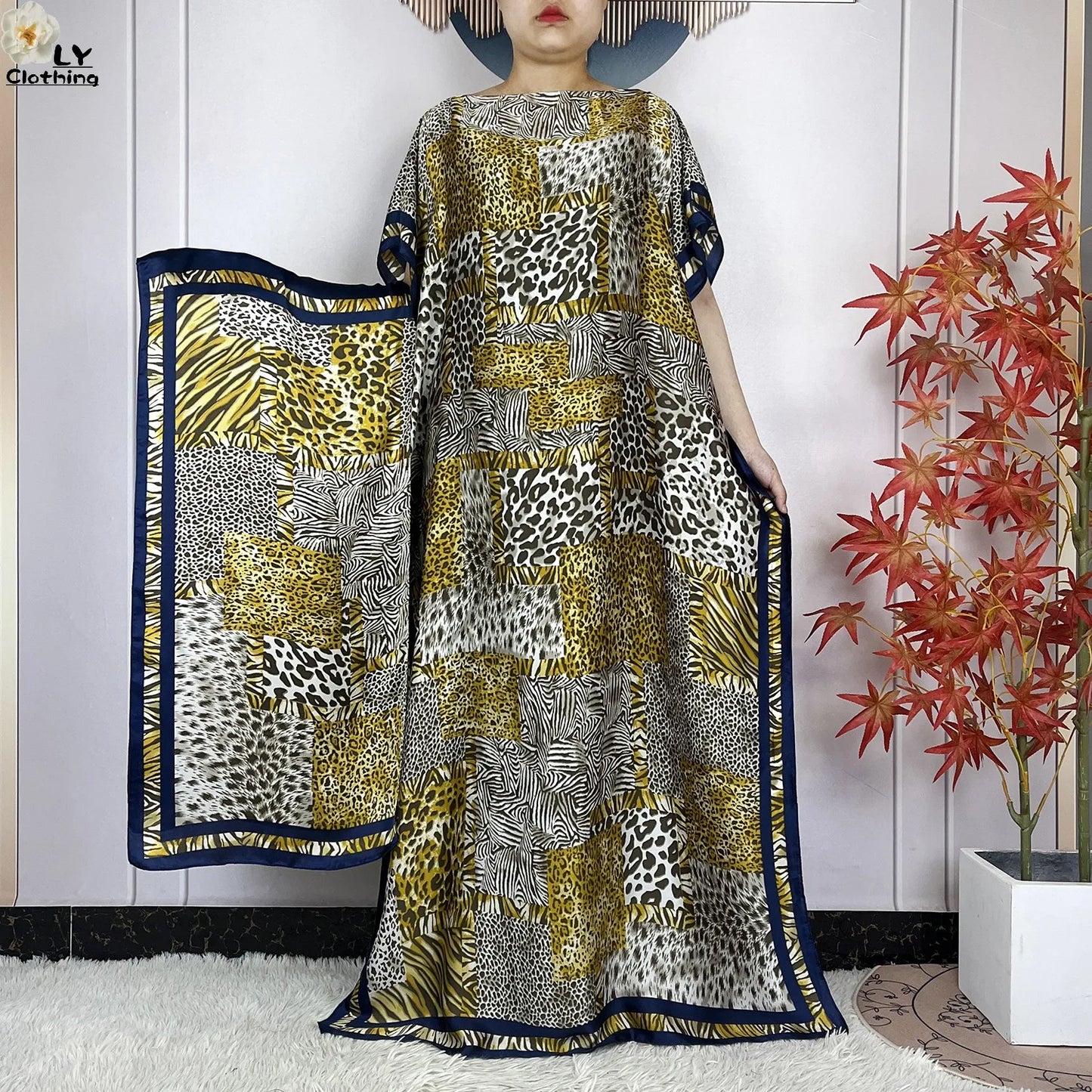 Women Printed Silk Soft Loose Maxi Party Dresses With Belt Turban