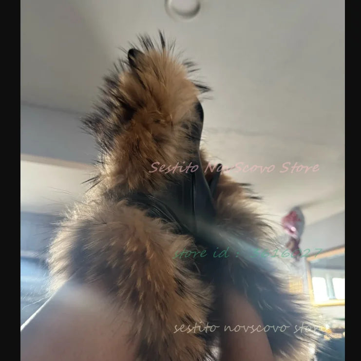 Pointed Toe Fur Mid Calf Boots Sexy Stiletto Heels Ankle Straps Fashion Warm Winter Plush