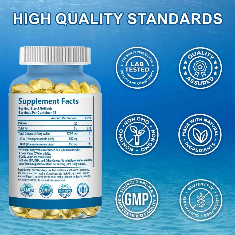 OMEGA 3 Fish Oil Supplement - Rich in EPA & DHA, Supports Brain Health, Heart - Immune System, Eyes, Skin, 90 Capsules