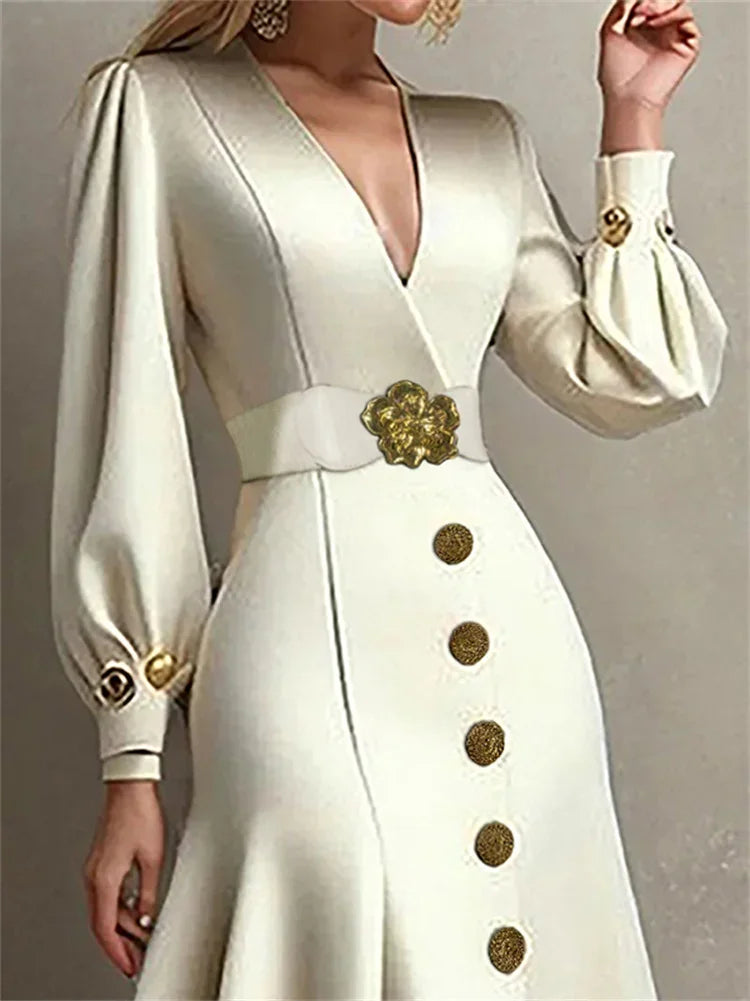 Formal Midi Elegant Evening Dresses Autumn Puff Sleeves Tied Waist V-Neck