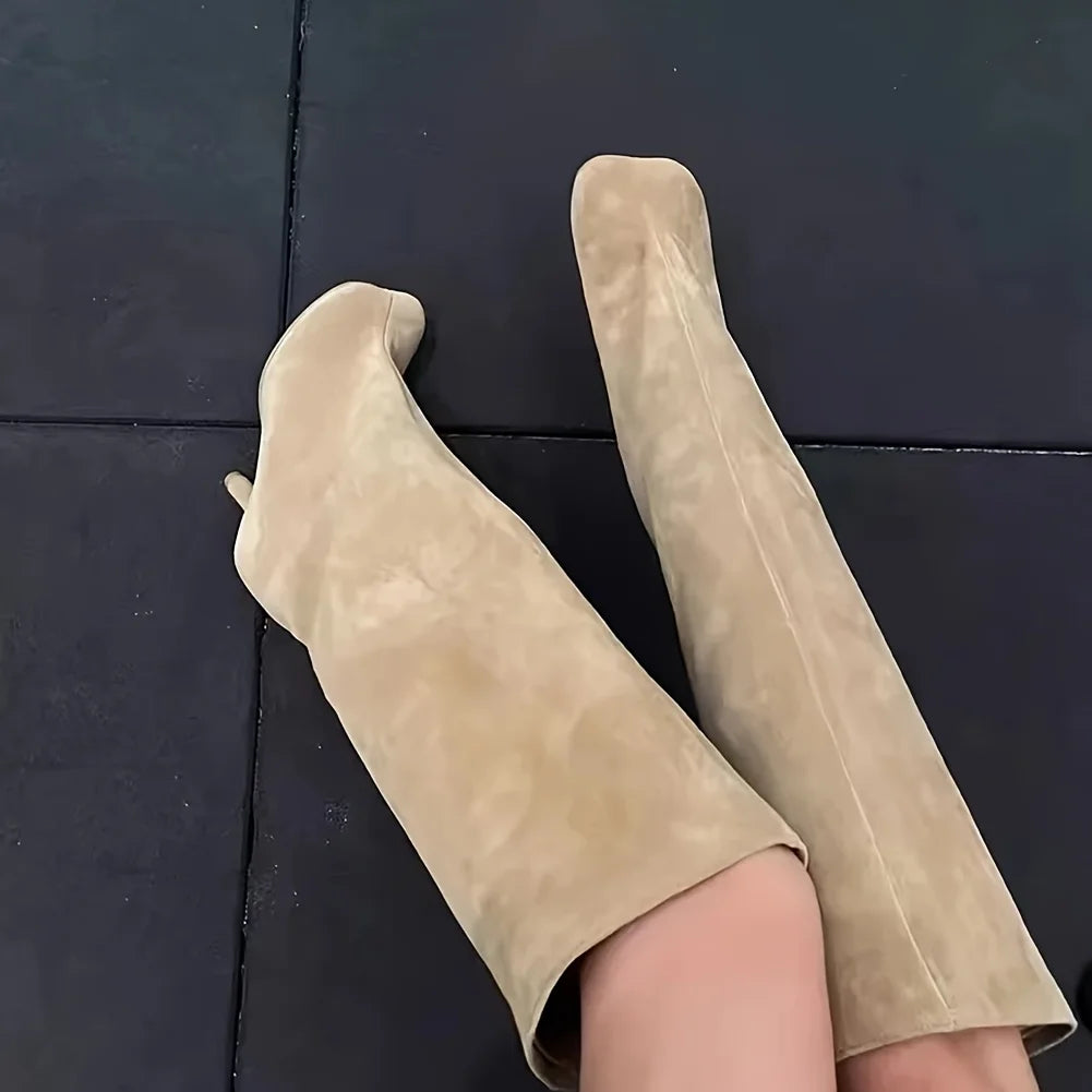 Women's Suede Knee High Boots Fashion Square Toe Stiletto Thin High Heels Pull On