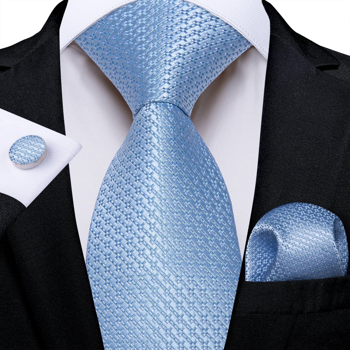 New Classic 100% Silk Men's Ties 8cm Blue Plaid Dot Striped Business Necktie Handkerchief Wedding Party Tie Set