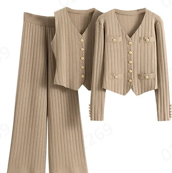 3 Piece Outfits Sweater Pullover Top & Knitted Long Cardigan & Wide Leg Pants Suits