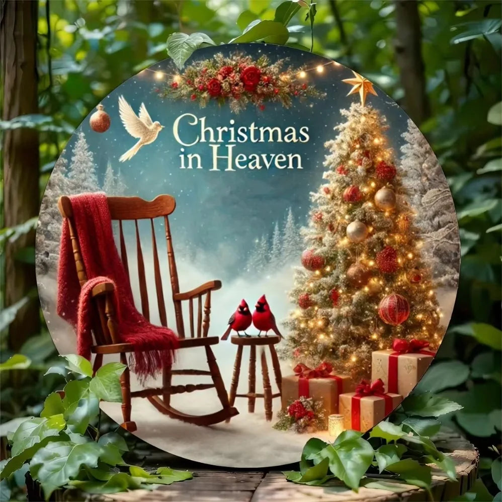 "Christmas in Heaven" Rustic Iron Metal Sign – Festive 2D Wall & Door Decor with Tree & Birds | Ideal for Home, Farmhouse & Shop