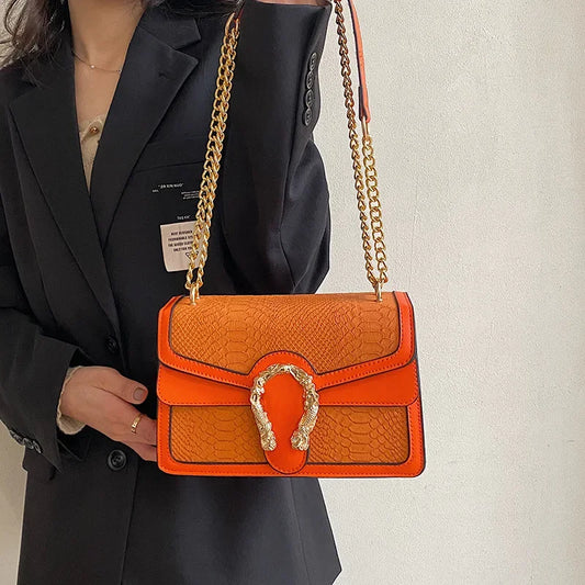 Gold Chain Crossbody Women's Fashion Bag Crocodile Pattern