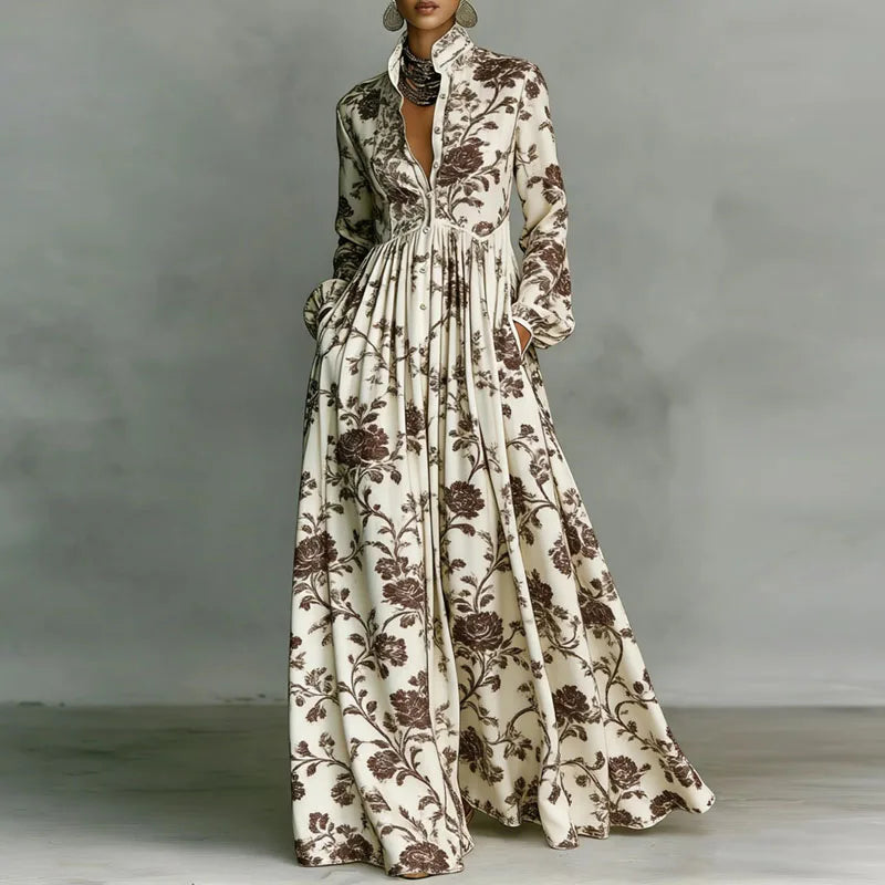 Retro Pattern Print High Waist Pleated Women Boho Dress Spring Shirt Collar Button Pockets Maxi Dress Long Sleeve