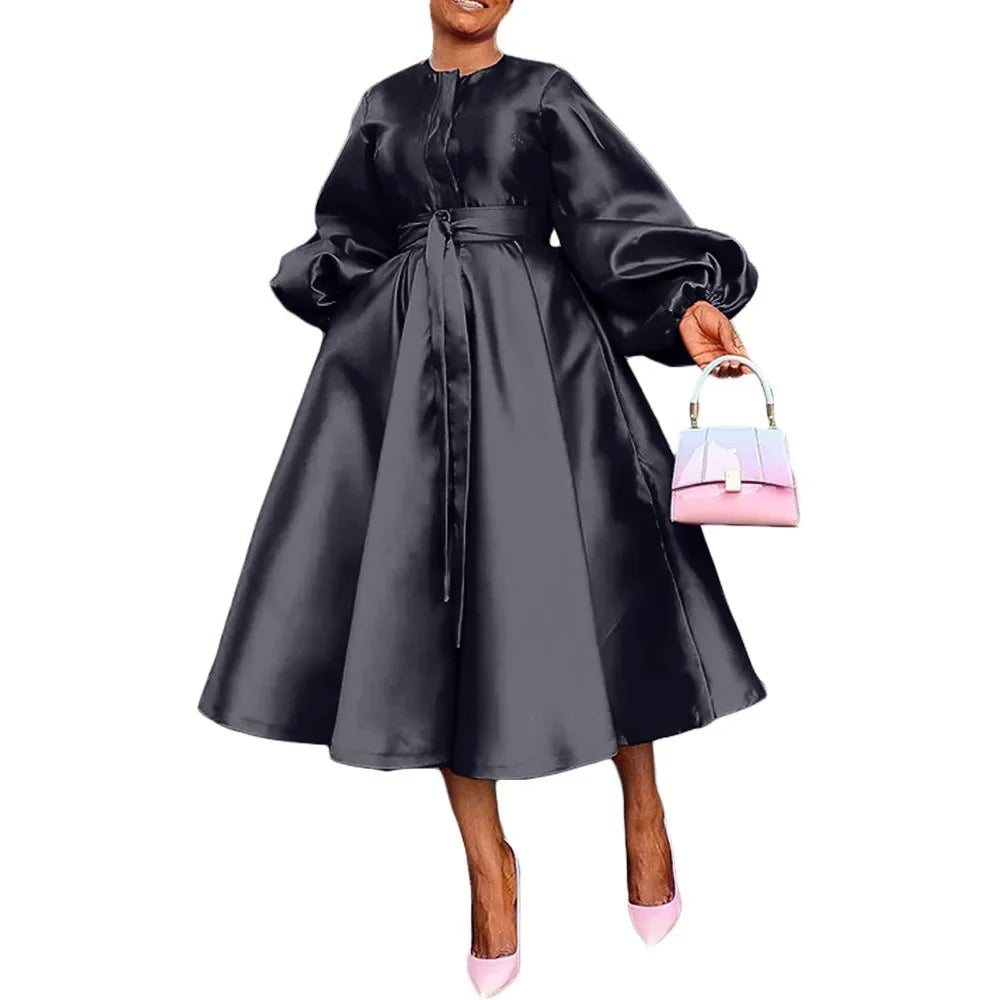 Satin Puff Sleeve Evening Dress for Women Pleated A-Line Round Neck Elegant Party Midi Dress with Belt