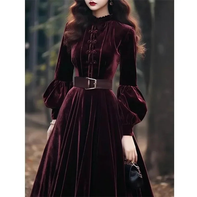 Autumn/Winter Women's Purple Red Velvet Dress Velvet Evening Party Long Dress