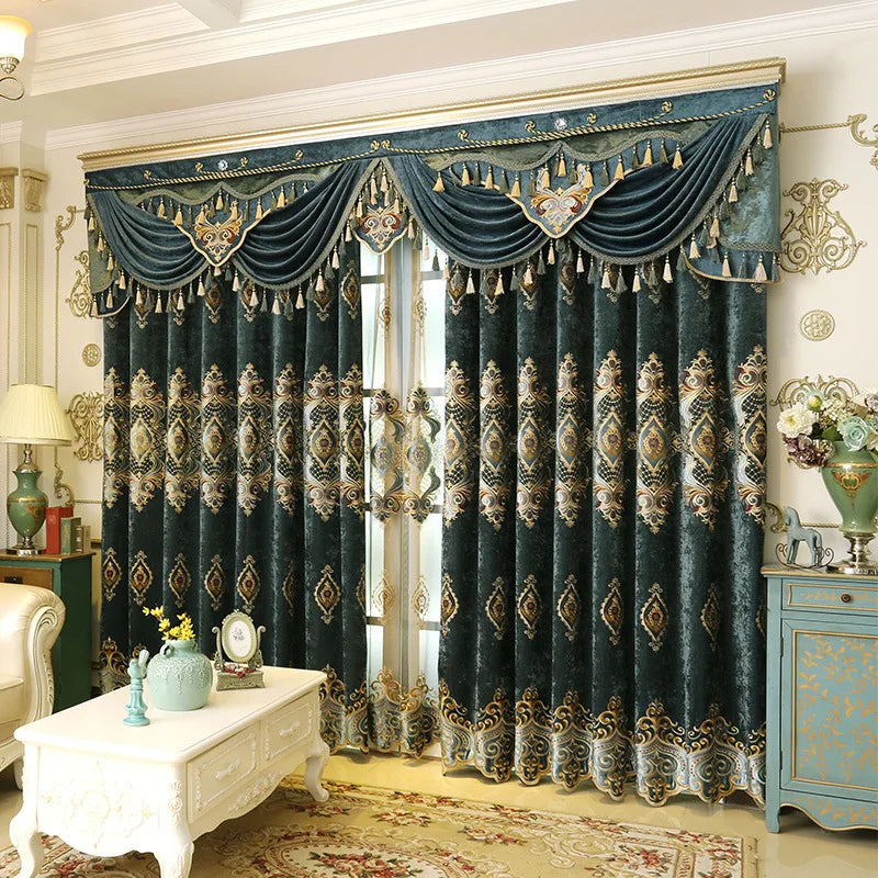 Blue Chenille European Embroidery Curtains Custom Size Retro Print Luxury Light Control for Living Room Bedroom Dining