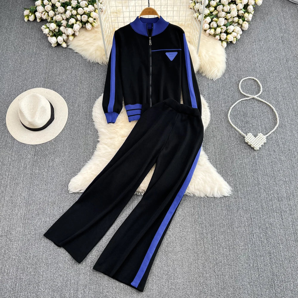 Fashionable Knitted Sportswear Set Open Cardigan & Wide Leg Pants Two Piece Set