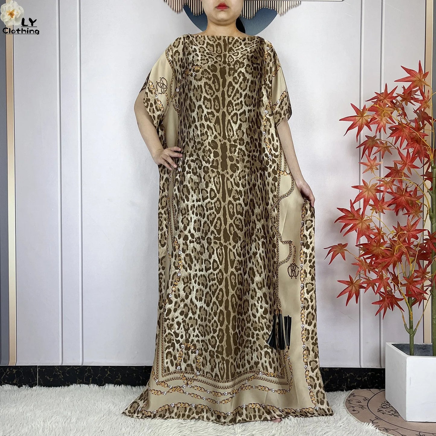 Women Printed Silk Soft Loose Maxi Party Dresses With Belt Turban