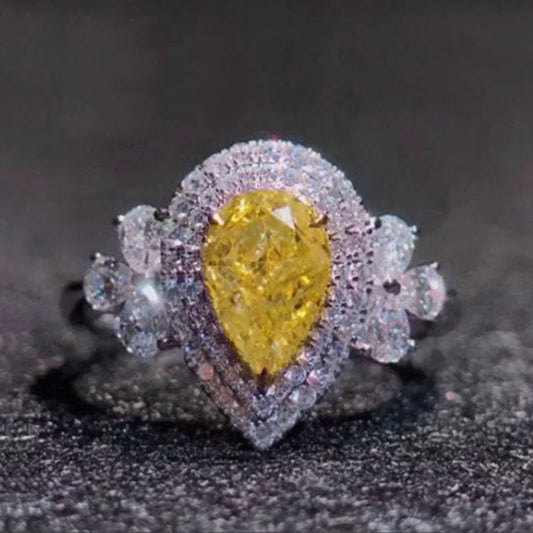 Fashion Luxury Ring Water Drop Pearl Shape Yellow color Zircon