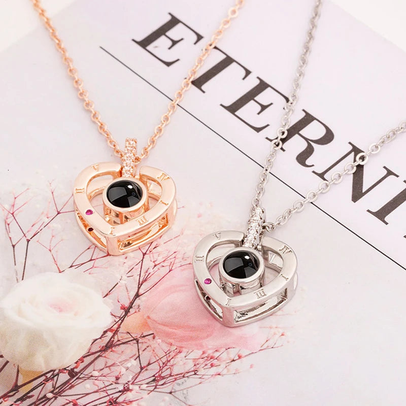 I Love You Projection Necklace With Rotating Rose