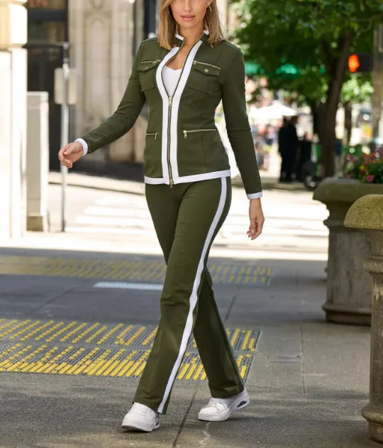 Spring Autumn Two Piece Women Suit Pencil Pant & Zipper Sweater